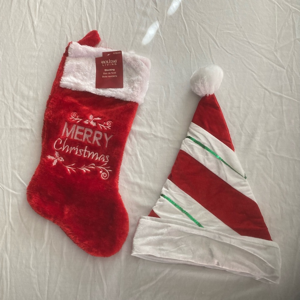 Holiday living stocking and Christmas hat